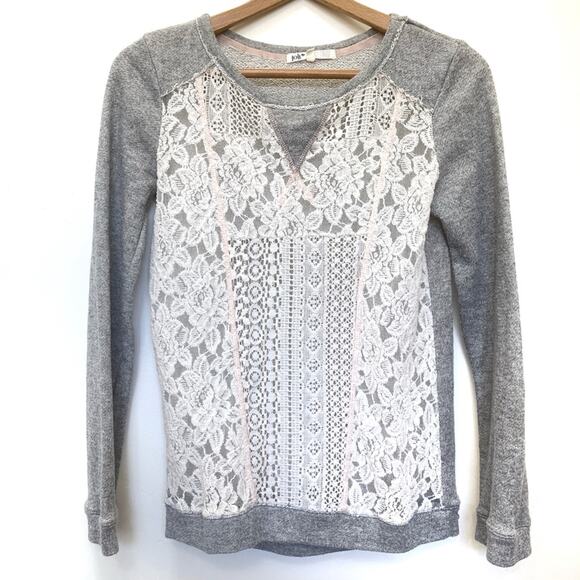 Jolt Sheer Lace Front Sweater Sz S Women's Top Long Sleeve Sweatshirt Gray Cream - Picture 1 of 6